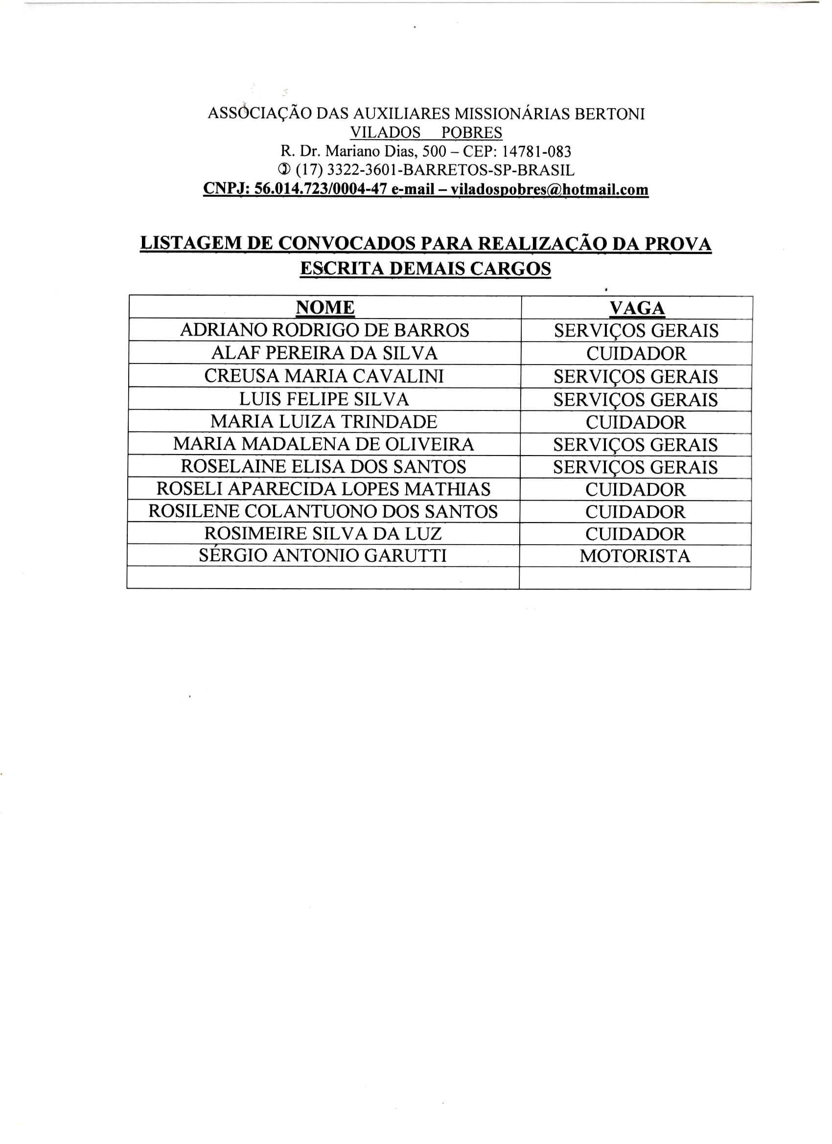 CONVOCAÇÃO DO PROCESSO SELETIVO